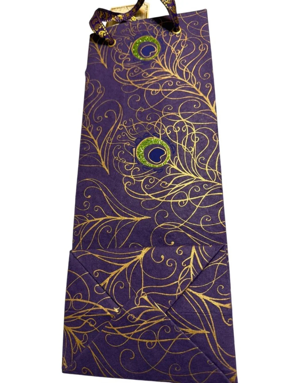 Vintage Pier 1 Import Handcrafted Cotton Fiber Gift Bag Gold Peacock Feather NWT